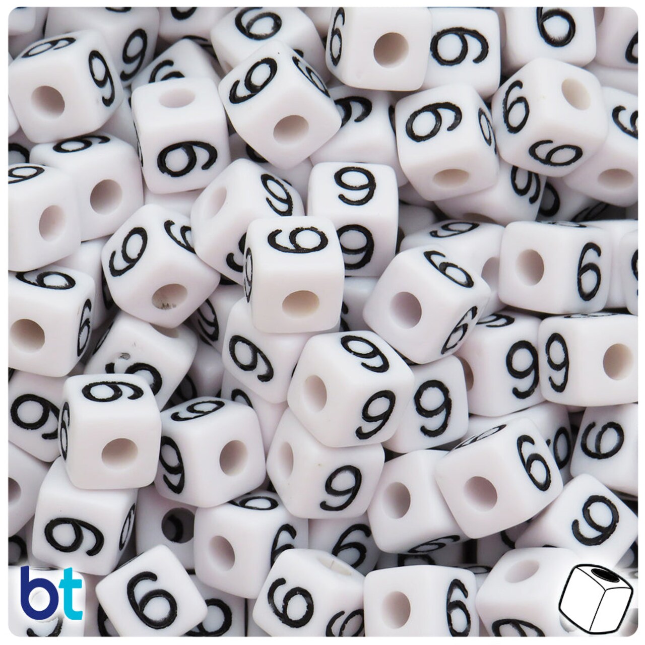 BeadTin White Opaque 10mm Cube Plastic Alpha Beads - Black Number 6 or 9 (20pcs)